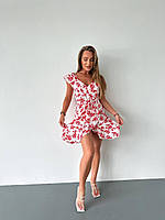 Красива літня жіноча сукня сарафан в червоні квіти (Розмір 42, 44, 46, 48), Біла