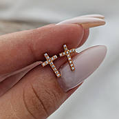 Сережки гвоздики срібні з позолотою хрестики з фіанітами