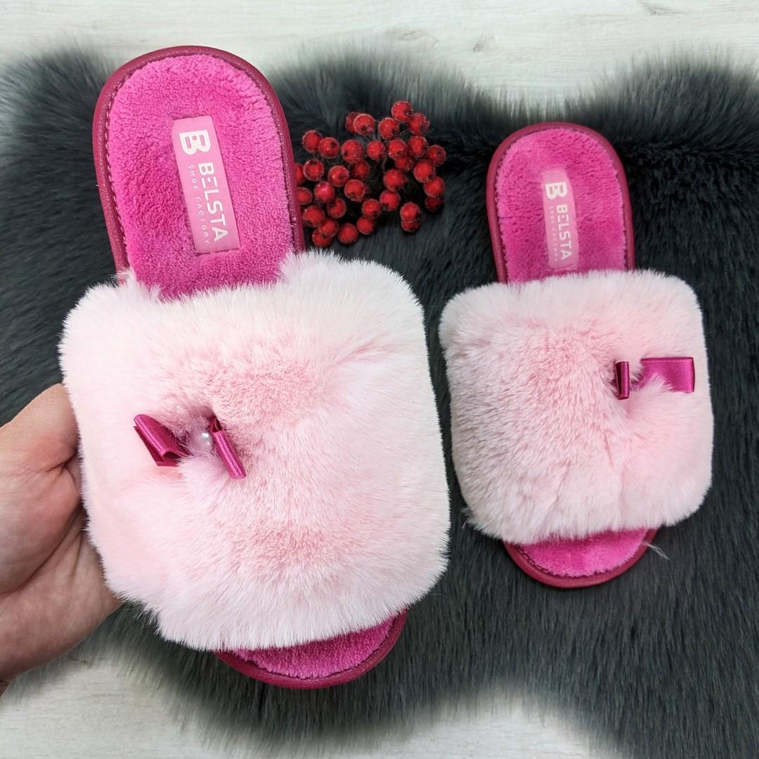 Капці жіночі хутряні Белста рожеві з відкритим носком 2641
