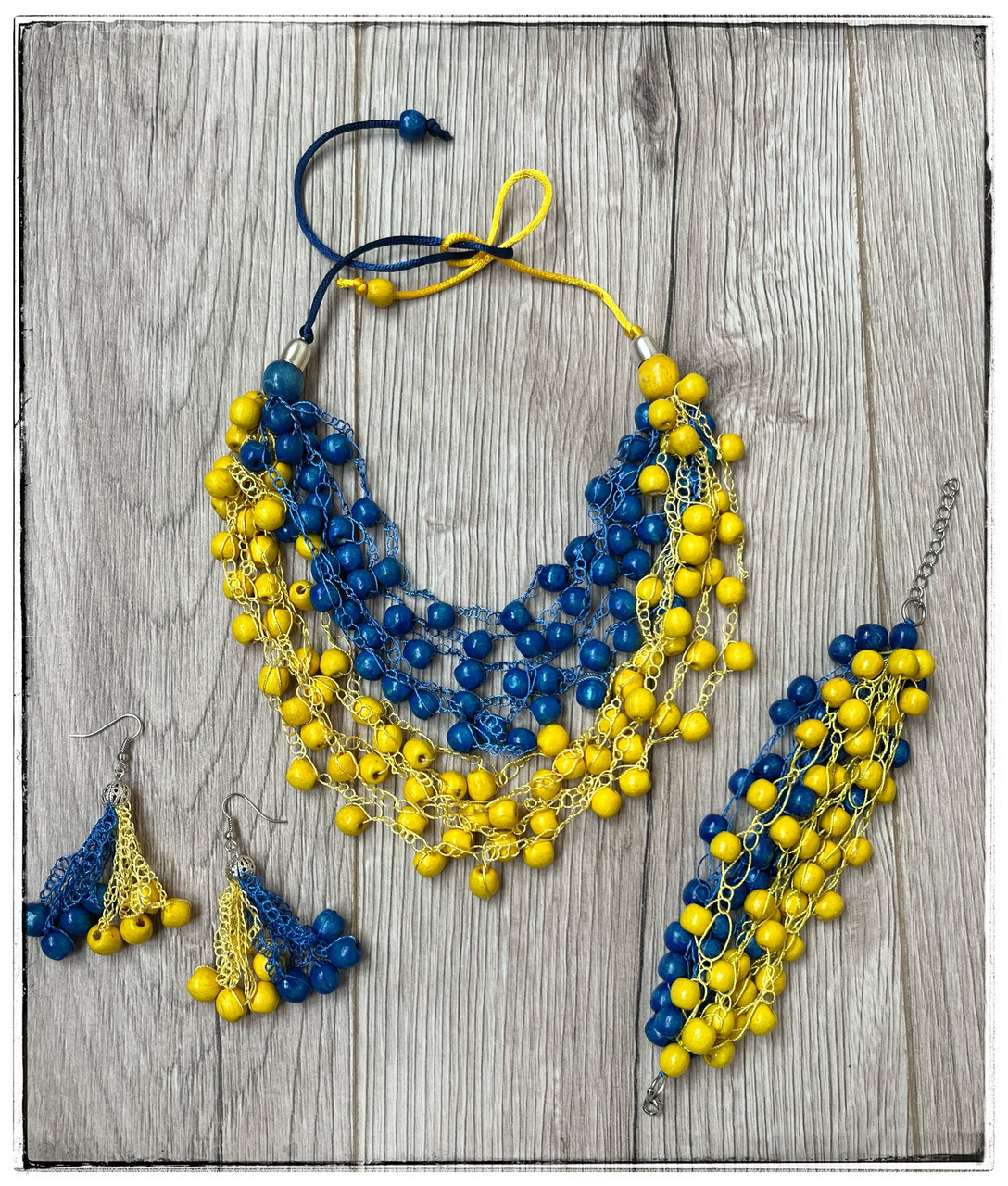 Набір намисто, браслет та сережки Промінь синьо-жовтий., фото 1