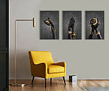 Стильна модульна чорно-золота картина із трьох частин Жіночі Руки із золотими прикрасами, фото 4