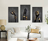 Стильна модульна чорно-золота картина із трьох частин Жіночі Руки із золотими прикрасами, фото 2