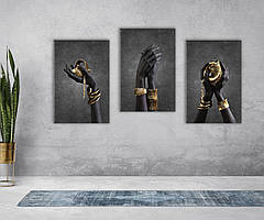 Стильна модульна чорно-золота картина із трьох частин Жіночі Руки із золотими прикрасами