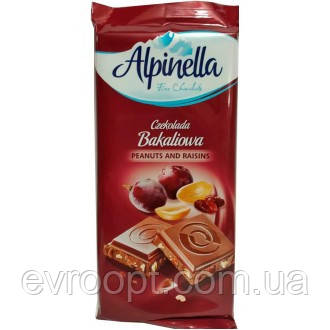 Шоколад молочний з родзинками і горіхами Alpinella Czekolada Peanuts and Raisins 90 г, фото 1