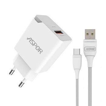 Мережевий зарядний пристрій Aspor A822 Fast Charger (18W QC3.0 1USB/3A) +USB кабель Type-C- білий