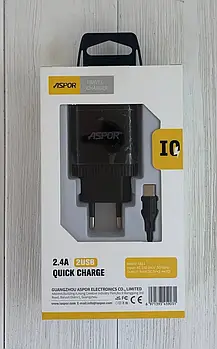 Мережевий зарядний пристрій Aspor A811 (2USB/2.4A) +USB кабель Type-C- чорний