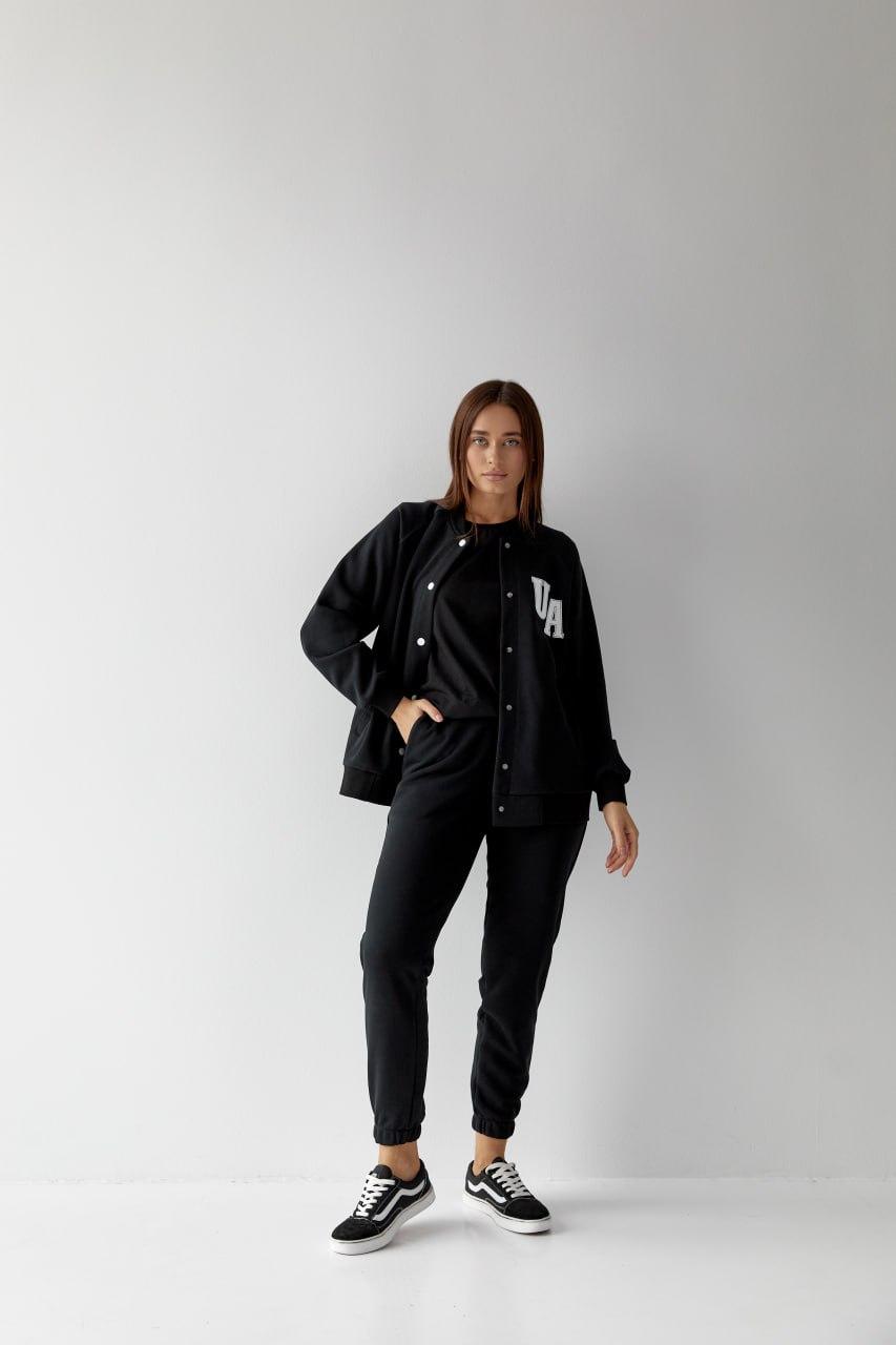 Спортивный женский костюм бомбер и джогеры демисезонный черного цвета S - фото 4 - id-p1904653552