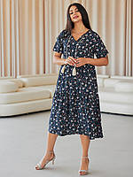 Свободное легкое платье миди темно-синего цвета цветочный принт большие размеры. Модель 3686