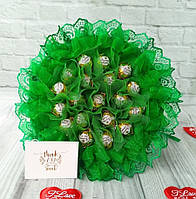 Зелёный букет с конфетами, конфетный букет, подарок для женщины, мамы, коллеги или начальницы