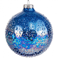 Стеклянный елочный шар синий блестящий 12 см (уп.- 6 шт.)