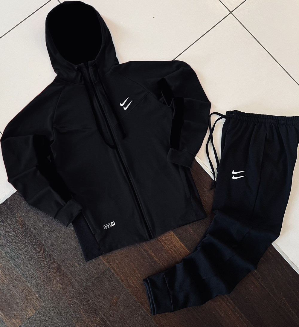 Чоловічий спортивний костюм Nike Double swoosh весна-осінь чорний комплект демісезонний (кофта+штани) Туреччина. Живе фото