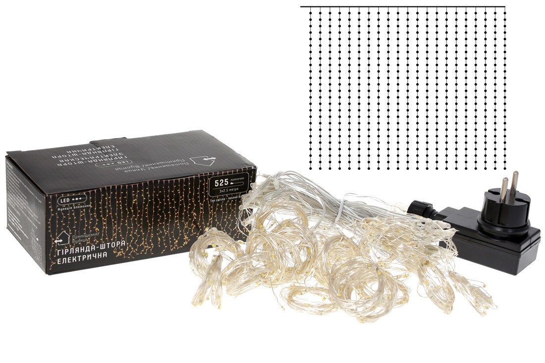 Гірлянда штора LED 3×2.5 м, 525 ламп, тепле біле світло з ефектом миготіння, прозорий провід, фото 1
