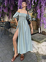 Женское платье миди Прованс с коротким рукавом фонариком и разрезом на ноге из креп жатки Smslip8532