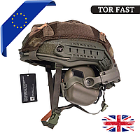 Тактическая кевларова каска TOR FAST BALLISTIC Великобритания + наушники Earmor M31H + чебурашки