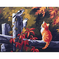 Алмазна мозаїка на підрамнику картина стразами 40х50 см DIY Кошеня і пташки (SGLE 73751)