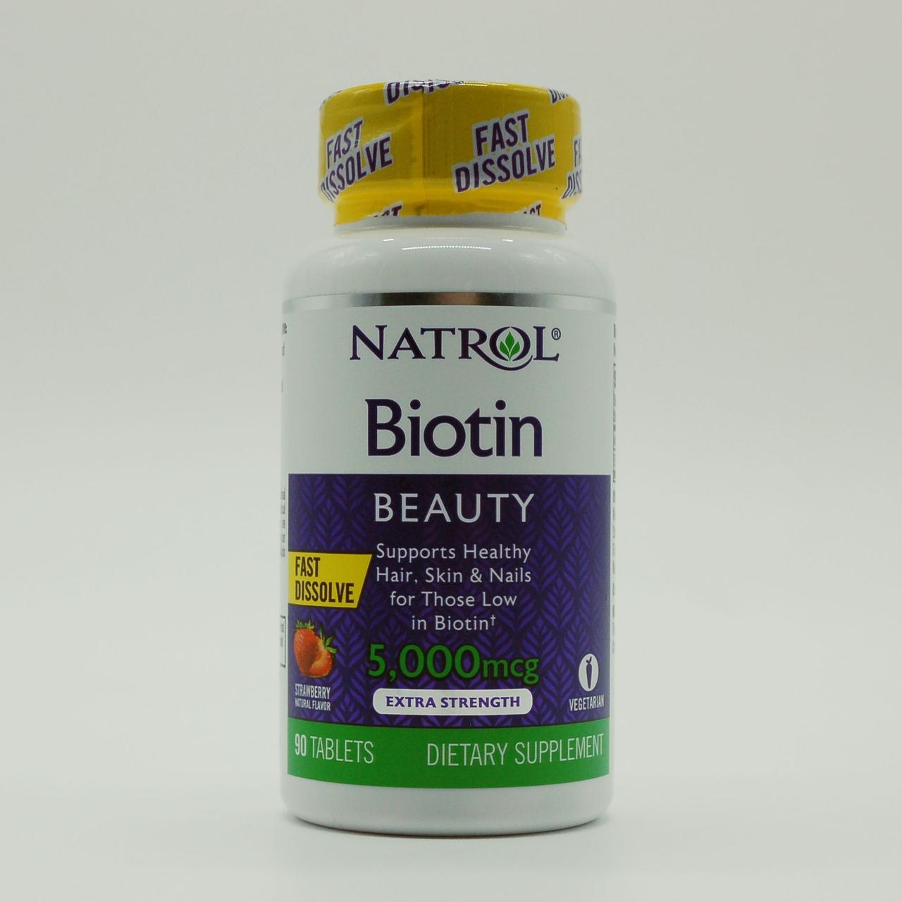 Біотин, смак полуниці, Natrol, 5000 мкг, 90 таблеток