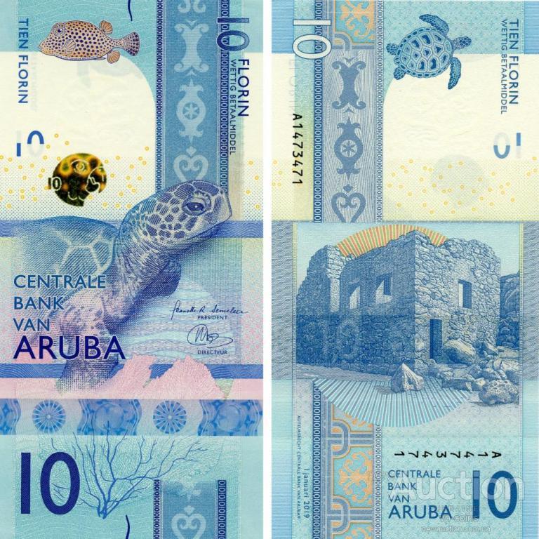 Аруба 10 флоринів 2019 UNC Черепаха (Pnew) No227, фото 1