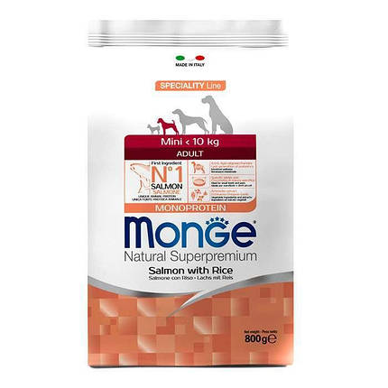 Monge Monoprotein Mini Adult Salmon Монопротеїновий корм із лососем для дорослих собак маленьких порід 800г, фото 1