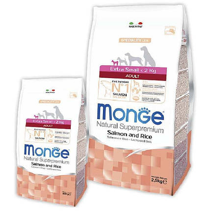 Monge Extra Small Adult Сухий корм з лососем і рисом для дорослих собак дрібних порід 800г, фото 1