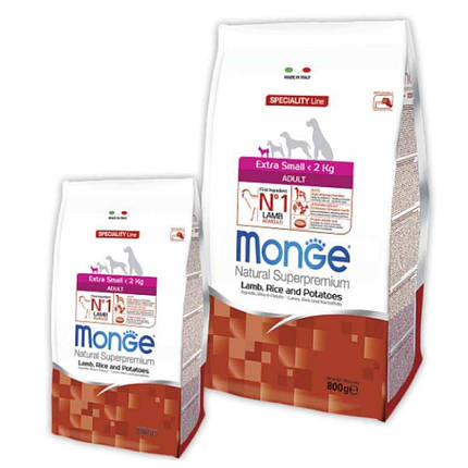 Monge DOG Extrasmall Adult Сухий корм з ягням, рисом і картоплею для дорослих собак дрібних порід 800г, фото 1