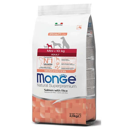 Monge Monoprotein Mini Adult Salmon Монопротеїновий корм із лососем для дорослих собак маленьких порід 2,5кг, фото 1