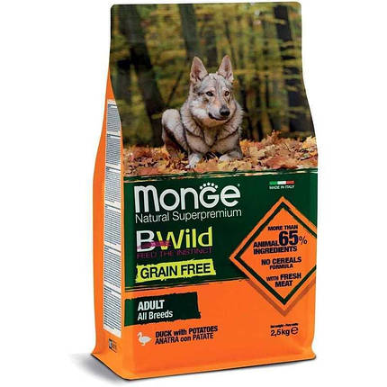 Monge BWild GF Duck Adult All Breeds Беззерновий корм із м'яса качки для дорослих собак усіх порід 2,5кг, фото 1