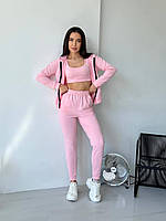 Женский спортивный костюм тройка топ кофта худи на молнии штаны качественная двунитка 42/44, Розовый