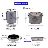Набор посуды из титана Widesea. Котелок 1300мл + 750мл + сковорода 90мл + 700мл с антипригарным покрытием