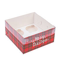 Коробка 160х160х80 (на 4 капкейка) з прозорою кришкою "Merry Christmas"