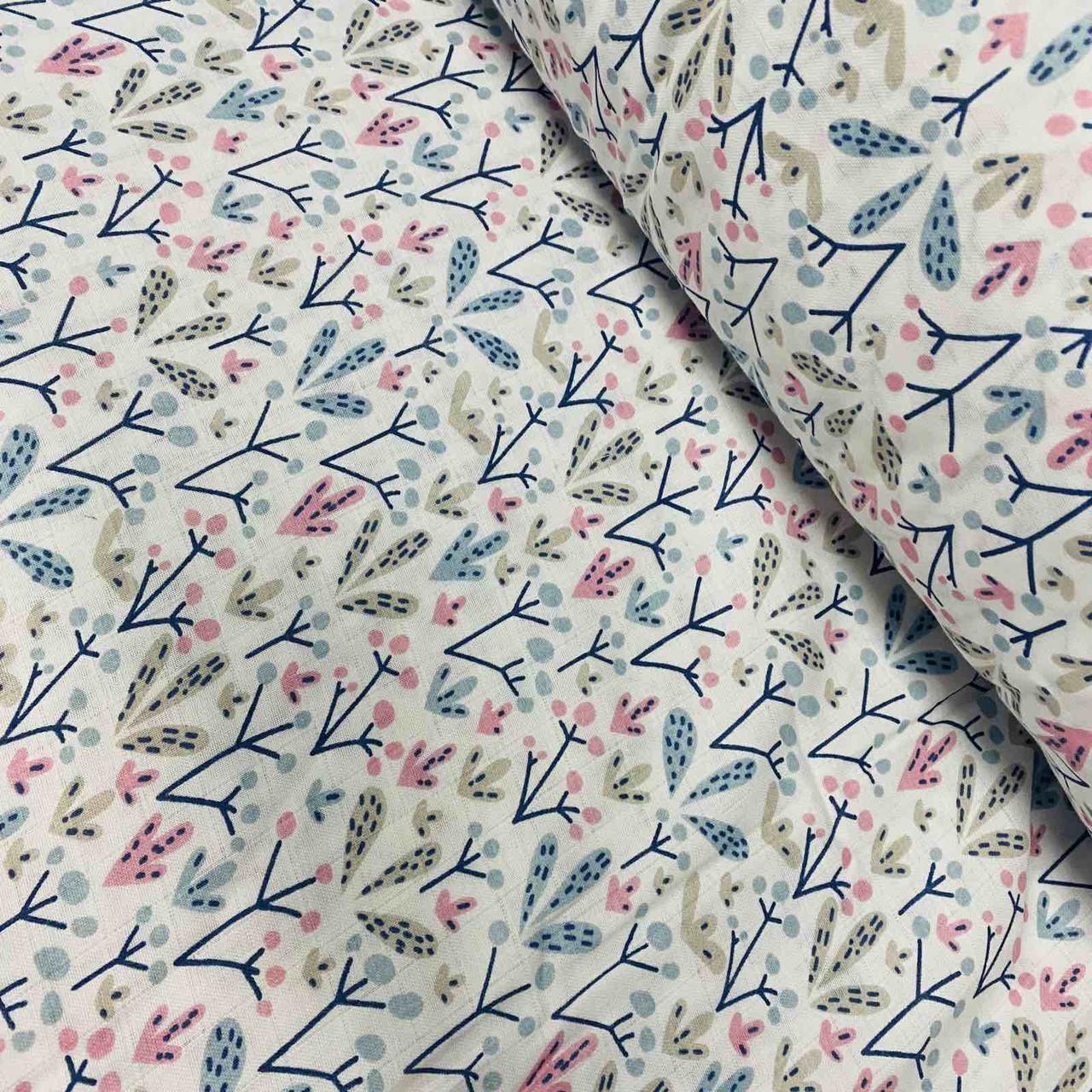 Тканина муслін Двошарова рожево-блакитні рослини на чорних гілочках на білому (шир. 1,6 м) (0344), фото 1