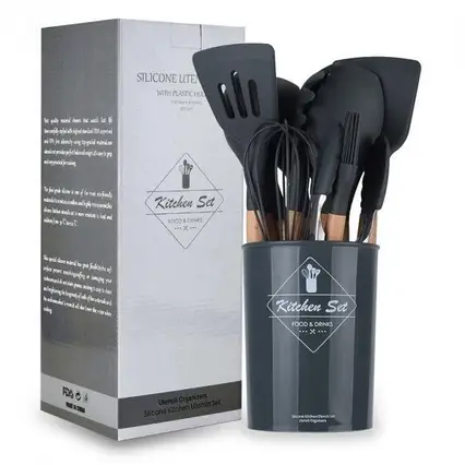 Набір силіконового кухонного приладдя з 12 предметів Kitchen Set, Набір кухонного приладдя Чорний, фото 1