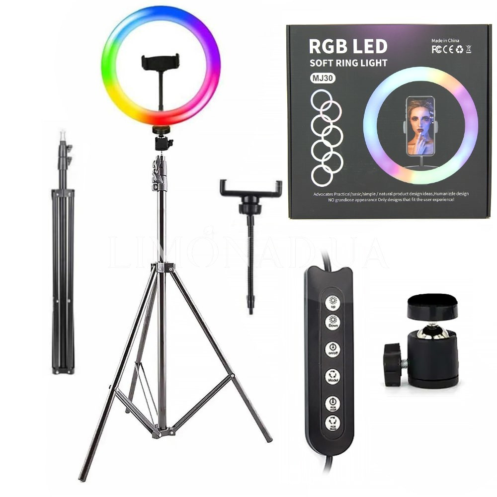 Кільцева LED лампа MJ-30 RGB (кольорова) на 25 Вт. (30 см) зі штативом та тримачем, на Usb, фото 1