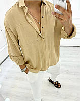Стильная мужска рубашка однотонная оверсайз из льна (Размеры S,M,L,XL,XХL), Бежевая
