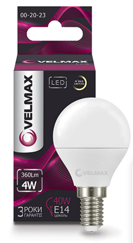 00-20-23 LED лампа 4W-3000К, 360Lm. Е14. 220° Арт.24667 Velmax