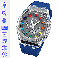 Синій наручний годинник чоловічий водонепроникний і протиударний Skmei годинник на руку з підсвічуванням будильником