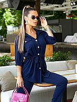 Брючний костюм ( брюки і блуза з поясом), є великі розміри, арт 453, колір темно синій / синього кольору
