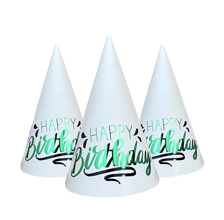 Ковпачки святкові 15 см "HappyBirthday" зелений з чорним 10 шт/упаковка