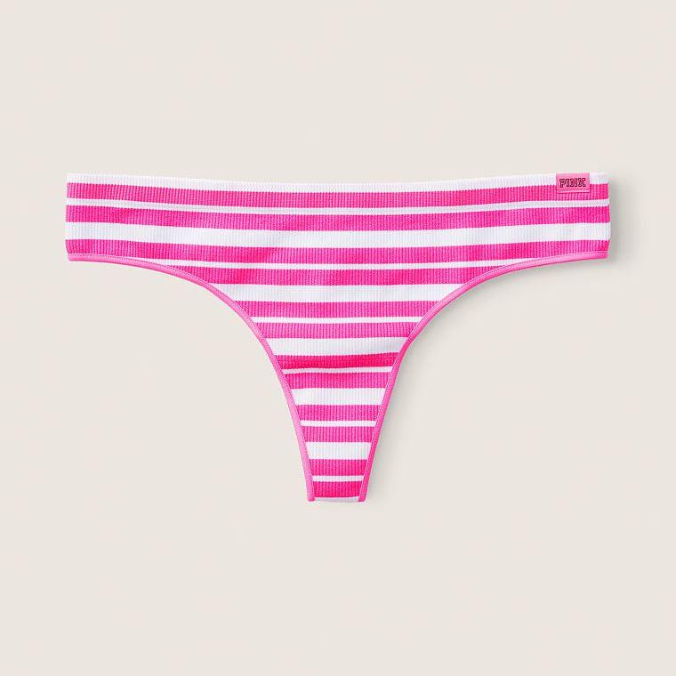 Трусики-стринги без швів у рубчик Victoria's Secret No-Show розмір L (біло-рожеві)