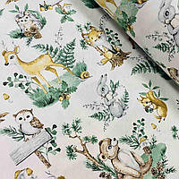 Бавовняна тканина польська сова, оленя, зайчик,білка, їжачок і лисичка на пеньку з листочками на білому (0538)