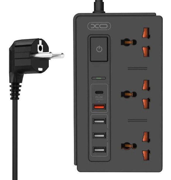 Мережевий подовжувач фільтр XO WL06 1,8 м 3 розетки 4 USB Чорний