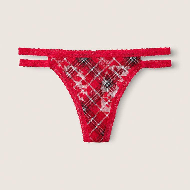 Трусики-стрінги з мереживом Victoria's Secret No-Show розмір L (червоні в принт)