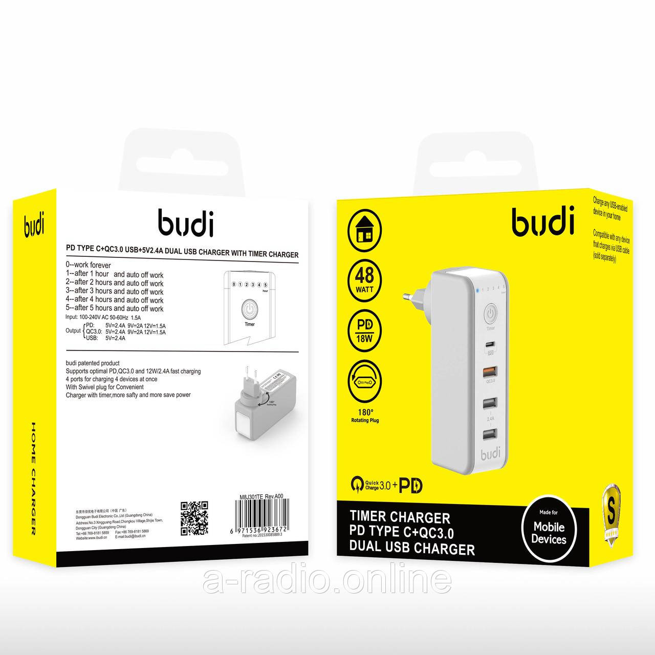 Зарядний пристрій Budi (AC301TE) PD 18W+ Quick Charge 3.0 / 2USB 18W 2.4 A