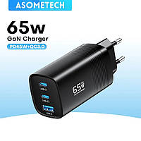 Сетевое зарядное устройство Asometech GaN 65W 1USB+2Type-C Fast Charger Black