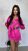 Шелковый костюм тройка в спортивном стиле свободные шорты топ и оверсайз рубашка (р. S-L) 31ks3178 Розовый