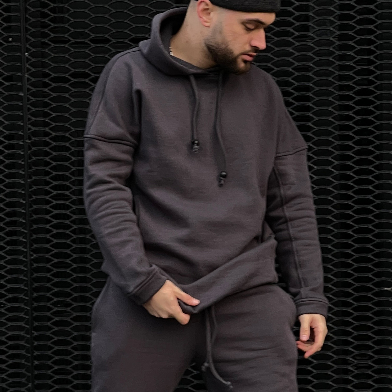 Чоловіча тепла кофта худі з капюшоном oversize / Сіра толстовка на флісі для чоловіків / Графіт, фото 1