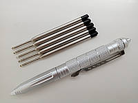 Тактическая ручка из алюминия со стеклобоем + 5 запасных стержней серебряная.