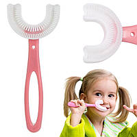 Детская U-образная зубная щетка 12см, на 6-12 лет, Розовая / Силиконовая зубная щетка капа для детей
