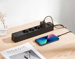 Мережевий подовжувач фільтр XO WL06 1,8 м 3 розетки 4 USB Чорний, фото 3