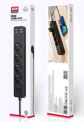 Мережевий подовжувач фільтр XO WL06 1,8 м 3 розетки 4 USB Чорний, фото 4