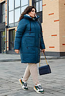 Зимнее женское пальто до колена с капюшоном и карманами